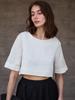 Top Corto de Lino Europeo y Americano Manga Media para Mujer Verano Cuello Redondo Manga Media Camisa Transfronteriza Fresca Casual Sencilla Camiseta