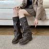 Botas con Hebilla de Cinturón de Suela Gruesa, Puntera Cuadrada Redonda, Plisadas para Mujer, Nuevas, Dulces, Frescas, Chica Caliente, Apilables, Botas de Pantalón, Botas de Caballero para Mujer