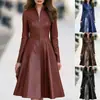 Vestido cruzado de mujer para 2026, de estilo europeo y americano, con cuello alto, manga larga, de piel sintética PU, con cremallera frontal, fruncido en la cintura y falda midi acampanada