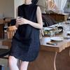 Vestido negro pequeño estilo Hepburn francés, de alta gama, ligero, de lujo, negro, sin mangas, de algodón, lino, encaje bordado.