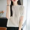 Nuevo Top/Camiseta de Punto de Seda Helada de Manga Corta con Cuello Redondo para Mujer, Color Sólido, Hueco de Ganchillo, Capa Base, Primavera/Verano 2026