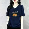 Camiseta de Manga Corta de Alta Calidad Transfronteriza para Mujer, Nuevo Estilo de Verano, Cuello en V, Moderna, Versátil, Estampada, Tendencia, Tallas Grandes, Ins