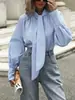 Camisa Ligera Azul Claro Estilo Coreano Ins con Cuello Cuadrado, Botonadura Simple, Mangas de Linterna, Corte Holgado, Adelgazante, Elegante, Versátil