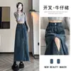 Saia Midi Jeans Vintage com Fenda Feminina Primavera 2025 Nova Cintura Alta Emagrecedora Cobrindo Comprimento Médio Linha A Quadril