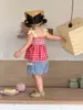 Ropa de Verano para Bebé, Ropa Delgada para Niños, Ropa Infantil Estilo Coreano, Conjunto de Camisa de Muñeca con Tirantes a Cuadros para Niña, Conjunto de Shorts de Mezclilla