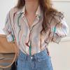 Camisa Bright Eyes Verão 2023 Novo Coreano Plissado Listrado Colorido Solto Manga Longa Camisa Top Feminino
