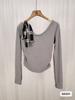 Camiseta Básica de Color Puro Estilo Retro Americano para Mujer en Otoño e Invierno Chic Estilo Puro Lust Dulce y Picante Hombros Descubiertos Lazo Top Corto de Punto