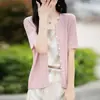 Nuevo Cárdigan de Punto con Cuello en V y Textura Slub de Manga Corta Fino de Color Sólido Holgado para Mujer Primavera 2025