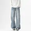 Moda Masculina Fengshe / Nova Coleção Primavera e Outono: Calça Jeans Masculina High Street Levemente Flare com Cintura Elástica e Cordão, Estilo Americano High Street