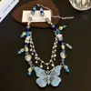 Collar de Mariposa con Borla de Cristal Azul para Chica Atractiva, Lujo Accesible para Mujer, Diseño de Nicho, Cadena para Clavícula de Gama Alta, Accesorios de Moda