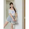Pantalones Cortos Deportivos de Color Bloqueado de Cintura Alta Elástica con Cordón Estilo Coreano Talla Grande Sueltos Adelgazantes Casuales 63988