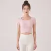 Top de manga corta para mujer Chuandun con Cruzado, Almohadillas en el Pecho Integradas, Delantero Asimétrico, Diseño Hueco, Adelgazante, para Correr, Fitness y Yoga