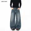 Jeans lavados estilo retro americano JIAMU para hombres y mujeres, pantalones anchos holgados vintage azules de pierna ancha y corte curvo, versátiles para el estilo callejero de otoño e invierno