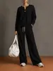 Conjunto de Moletom com Capuz Cor Sólida e Calça Wide Leg Estilo Europeu Feminino Outono Inverno Casual Conjunto de Duas Peças Manga Longa Cordão Solto