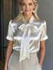 2026Ebay Amazon Wsih Camisa de Cetim com Laço de Manga Curta Mais Vendida para Mulheres, Elegante e Adequada para o Trabalho