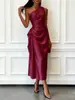 Vestido Elegante de Noche de Verano 2026 Transfronterizo Europeo y Americano de Satén de Alta Elasticidad sin Mangas de un Hombro Ceñido a la Cintura de Longitud Media
