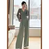 Conjunto de Malha Moda Verde para Mulheres, Conjunto Casual Elegante de Duas Peças com Top de Manga Longa Verde de Nicho para Primavera e Outono