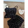 Pijama de Verano para Mujer de Seda Helada Acanalada Transfronterizo con Almohadillas en el Pecho, Camisola y Shorts de Encaje con Estampado de Lazo, Conjunto de Ropa para el Hogar
