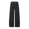 Calça Jeans Preta de Sarja 14 Onças com Pernas Largas e Design de Costura Curva para Homens, Novo Estilo de Primavera Calças Largas Casuais Soltas para Mulheres