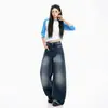 Jeans de pierna ancha para mujer, estilo americano, vintage desgastados, azul marino, pantalones largos, azul marino, longitud extendida, con estampado de primavera, algodón