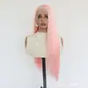 Peluca de encaje de área grande estilo europeo y americano, se puede peinar libremente, cabello rosa largo y liso, pieza para la cabeza de fibra sintética de alta temperatura