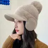 Gorro de invierno para mujer, tejido a mano, con forro polar, grueso, cálido y resistente al viento, de lana, con protección para las orejas.