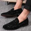 Sapatos de Couro Masculinos Britânicos Bico Fino Strass Lantejoula Conjunto para Pés Estilo Coreano de Negócios Sapatos da Moda para Boate Casamento Estilista Sapatos Masculinos