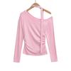 Camiseta da Moda Ombro a Ombro de Manga Longa para Mulheres com Corte Slim e Design Franzido, Top Curto Sexy