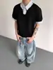 MADEEXTREME Camisa Básica Patchwork Listrada com Gola Polo e Manga Curta Empilhada, Design Falso de Duas Peças Retrô de Nicho