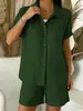 2026 Verano Independiente Transfronterizo Europeo y Americano Sitio Web Amazon Nuevo Casual Botón Algodón y Lino Conjunto de Camisa de Manga Corta para Mujer