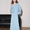 Conjunto Casual de Punto Coreano Shanlida Dihan para Mujer Otoño Suéter de Cuello V Estilo Perezoso Falda Larga de Cintura Alta Temperamento Ancha