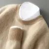 Suéter 100% Lana Pura para Hombre Cuello Redondo Bloques de Color Jacquard Engrosado Suéter Holgado Pulóver Casual Tejido Top Básico