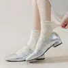 Meias de Renda Verão Finas Meias de Renda Vazadas com Babados Malha Respirável Borda com Babados Meias Femininas Estilo Ballet Meias de Cano Médio