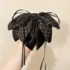 Grampo de Garra para Rabo de Cavalo com Laço de Fita de Cetim com Bolinhas High-End Retro Outono Inverno Novo Grampo para Cabelo Meio Preso na Nuca para Mulheres