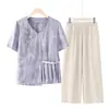 Novos looks de verão 2026 para mães, terninhos de verão elegantes e estilosos para mães, novas blusas de estilo chinês, roupas de manga curta para mulheres de meia-idade e idosas