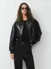 Chaqueta de béisbol popular transfronteriza europea y americana de cuero PU corto para mujer, cuello alto acanalado, chaqueta biker vintage holgada