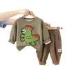 Sudadera de terciopelo para niño con cuello redondo para invierno, estilo nuevo, conjunto de pantalones gruesos para niños y bebés, conjunto de dibujos animados de dinosaurios para niñas
