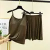 Conjunto de pijama de verano fino para mujer con camisola y shorts de modal con copas, sin mangas, talla grande, camiseta básica, conjunto holgado para casa