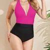 Traje de baño tipo tankini de una pieza con cuello halter y bloques de color estilo europeo y americano, cuello en V, que oculta el abdomen y estiliza la cintura, conservador, para efecto adelgazante, adecuado para playa, aguas termales y trajes de baño de vacaciones