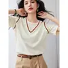 Camiseta de Manga Corta de Punto de Seda Helada Falsa de Dos Piezas con Cuello en V para Mujer, Corte Holgado con Diseño Color Block para Verano
