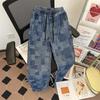 Pantalones vaqueros de cuadros estilo americano con diseño retro para hombre, marca de moda, combinables, holgados, de pierna ancha y ajustados.