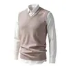 Colete de tricô sem mangas com gola V para outono e inverno, suéter quente, camada interna de cor sólida, colete de lã, camiseta básica