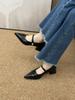 Sapatos Mary Jane pretos franceses de salto grosso femininos novos de primavera bico fino boca baixa salto alto sapatos para o dia a dia