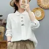 Camisa de manga larga divertida estilo japonés con cuello bordado para mujer, estilo artístico, algodón puro suave, agradable para la piel, top de gasa de algodón de doble capa