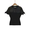 Camiseta de punto con cuello redondo, color liso, manga corta, diseño hueco elegante tipo corbata de moño, nuevo estilo de verano, top versátil y bonito para chicas a la moda