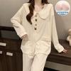Pijamas de Primavera y Otoño para Mujer Tejido Crepé Manga Larga Cuello de Muñeca Cárdigan Almohadilla de Pecho Fija Casual Lindo Suelto Ropa para el Hogar