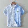 Camisa de manga corta de lino a rayas para hombre, camisa informal de verano con bordado, ¡bienvenida generación!