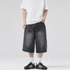Nuevos shorts de mezclilla de verano para hombre y mujer, patrón de rayo azul retro americano desgastado, corte recto holgado, pantalones cropped, modernos