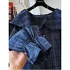Impresionante conjunto vintage a cuadros estilo coreano con camisa de manga larga y cuello con volantes fuera del hombro para mujer, top de principios de otoño