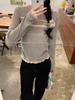 Precio real foto real# camiseta gris de manga larga con hombros descubiertos de dos piezas falsas para mujer otoño 2024 nuevo top corto